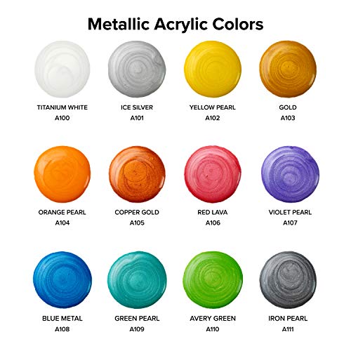 GenCrafts Metallic Acrylic Pouring Paint Set of 12 Metallic Colors - Pre-Mixed High Flow & Ready to Pour - 2 oz./59 ml Bottles - Multi-Purpose Paints for Canvas & Paper, Rocks, Wood