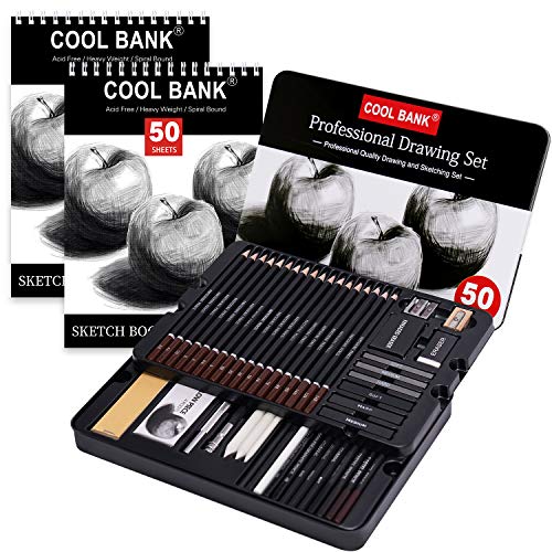 52 Piece Professional Drawing Set with 2 x 50 Page Drawing Pad, Art Supplies, Graphite Drawing Pencils and Sketch Set, Artist Sketching Tools in Tin Box Includes Charcoals,Pastels and Sharpener