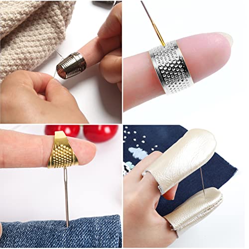 23Pcs Sewing Thimble Finger Protectors, Adjustable Metal Copper Finger Thimble Silicone Leather Thimble Finger Tips Finger Shield Ring Fingertip Quilting Sewing Supplies for Embroidery Needlework(P)