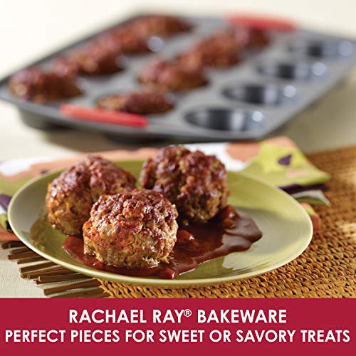 Rachael Ray Yum-o! Nonstick Bakeware 12-Cup Muffin Tin With Grips / Nonstick 12-Cup Cupcake Tin With Grips - 12 Cup, Gray with Red Grips