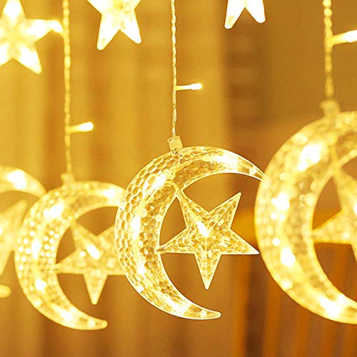Twinkle Star 138 LED Star Moon Curtain String Lights, 8 Modes Decorations for Ramadan, Christmas, Wedding, Party, Home, Patio Lawn, Warm White (USB Powered)