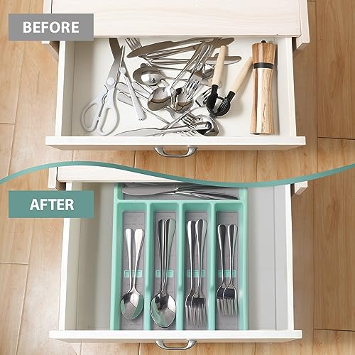Joequality Silverware Organizer with Icons,Plastic Cutlery silverware Tray for Drawer,Utensil Flatware Tableware Organizer for Kitchen with Non-slip TPR,Fits Standard Drawer,5-Compartment,Light Blue