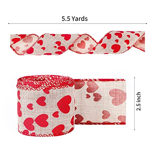 Red Heart Printed Valentine's Day Burlap Ribbon Wired Edge Ribbon- 2.5" x 5.5 Yards