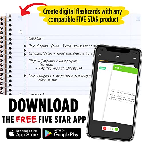 Five Star Spiral Notebook + Study App, 3-Subject, College Ruled Paper, Fights Ink Bleed, Water Resistant Cover, 8-1/2" x 11", 150 Sheets, Red (72065)