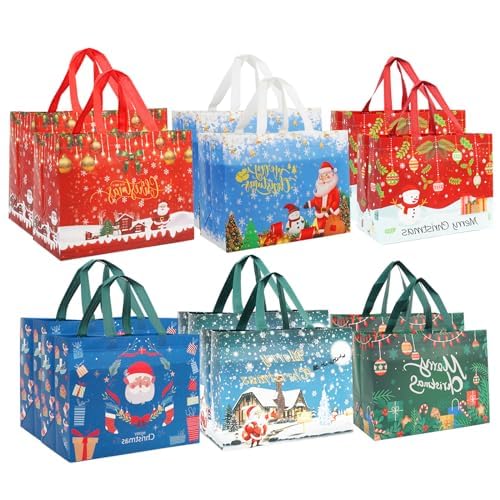 Christmas Gift Bags,12 PCS Large Reusable Christmas Tote Bags with Handles, Christmas Treat Bags, Multifunctional Non-Woven Christmas Bags for Gifts Wrapping, Shopping, Xmas, Party Favor Bags, 12.8" x 9.8" x 6.7"