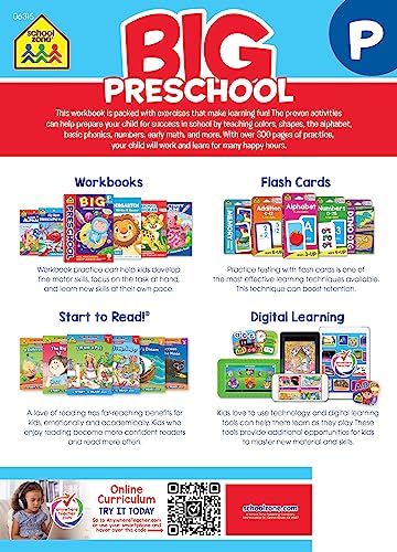 School Zone - Big Preschool Workbook - 320 Pages, Ages 3 to 5, Colors, Shapes, Numbers, Early Math, Alphabet, Pre-Writing, Phonics, Following Directions, and More (School Zone Big Workbook Series)