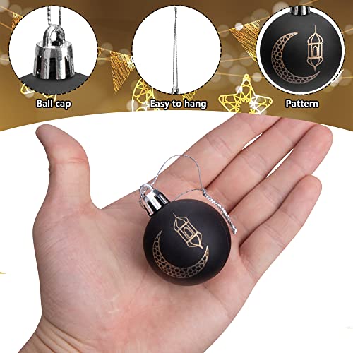 24 PCS Ramadan Ornament Ball, 1.57" Black Gold Eid Mubarak Hanging Balls, Ramadan Mubarak Ornaments for Islamic Muslim Tree Party Decor