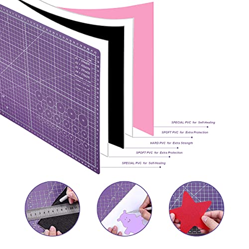 AIRGAME Self Healing Cutting Mat 18 inchx12 inch Non-Slip PVC Double Sided 5-Ply A3 Art Craft Rotating Mat,Sewing Crafts Hobby Fabric Precision Scrapbooking Project(Pink/Purple)
