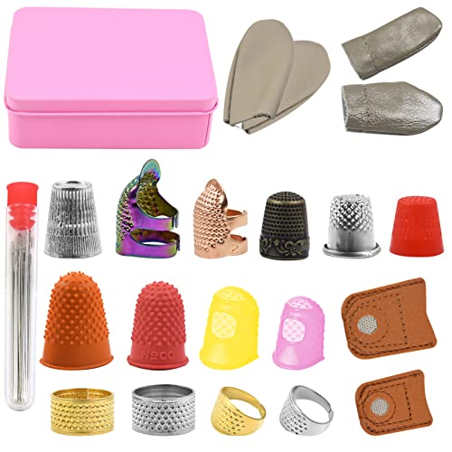 23Pcs Sewing Thimble Finger Protectors, Adjustable Metal Copper Finger Thimble Silicone Leather Thimble Finger Tips Finger Shield Ring Fingertip Quilting Sewing Supplies for Embroidery Needlework(P)