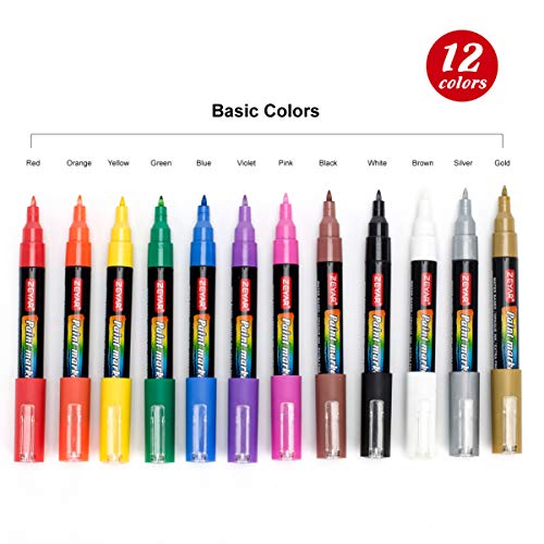 ZEYAR Acrylic Paint Marker Pens, Extra Fine Point, Nylon Tip, 12 colors, Water based, Expert of rock painting, Water and Fade Resistant, Non-toxic