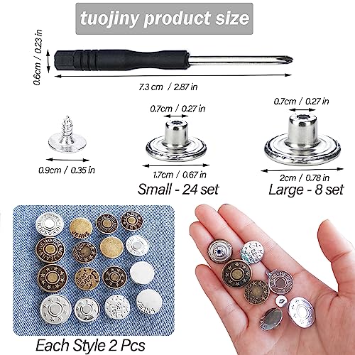 32 Sets Jeans Buttons Replacement, 17 mm and 20mm No-Sew Removable Metal Buttons Replacement Repair Combo Thread Rivets and Screwdrivers in Storage Box, Women and Men's Jeans Clothing Supplies