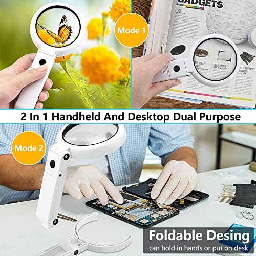 30X 10X Magnifying Glass with Light and Stand, Foldable Handheld Magnifying Glass & 2 Level Dimmable for Close Work, Macular Degeneration, Seniors Reading, Powered by Battery or USB