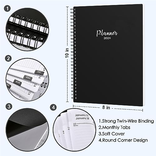2024 Planner - 2024 Planner Weekly and Monthly from Jan. 2024 - Dec. 2024, 8" x 10", Planner 2024 with 12 Monthly Tabs, Classic Black, Thick Paper, Twin-Wire Binding, Perfect Organizer