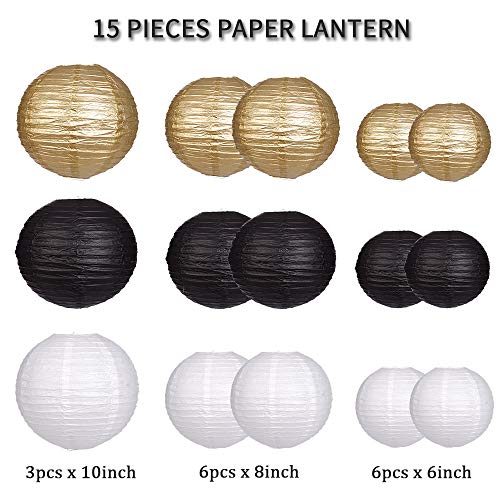 Paper Lanterns Decorative, Round Hanging Paper Lanterns Decorations for Wedding Graduation Anniversary Birthday Party Supplies Black/Gold/White 15pcs