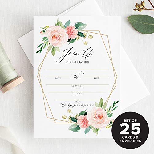 Bliss Collections All Occasion Invitations with Envelopes, Geometric Floral, Cards for Your Wedding, Reception, Bridal or Baby Shower, Engagement and Birthday Party, 5"x7" (25 Invitations and Envelopes)