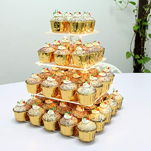 Vdomus 4 Tier Acrylic CupCake Stand Pastry Stand with LED String Lights Dessert Tree Tower Cake Pyramid for Birthday Wedding Party Babyshower Christmas, Holds up to 50 Cupcakes (Warm)