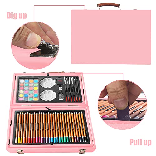 KINSPORY Art Gift for Kids, Art Supplies Case - 139 Piece Art Sets & Crafts Kit with Sketch Pads, Deluxe Wooden Box for Artist Beginners Girls Boys (Rose Pink)