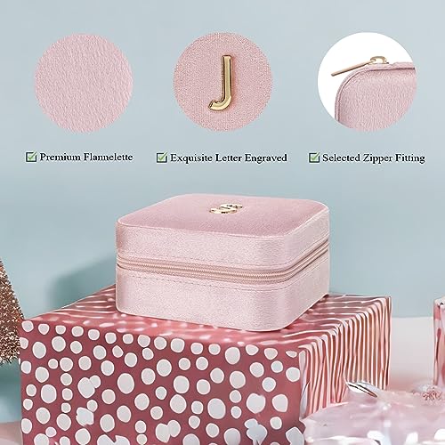Vlando Small Travel Jewelry Box Organizer Display Case for Rings Earrings Necklaces Storage, Selected Soft Velvet, Letter J Engraved, Pink