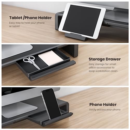 Monitor Stand Riser, Klearlook Foldable Computer Monitor Riser,Height Adjustable Computer Stand, Desk Shelf Riser with Storage Drawer & Tablet Phone Stand for Computer, Desktop, Laptop (Black)