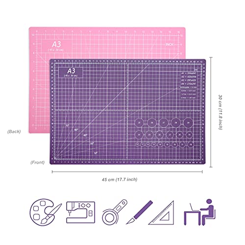 AIRGAME Self Healing Cutting Mat 18 inchx12 inch Non-Slip PVC Double Sided 5-Ply A3 Art Craft Rotating Mat,Sewing Crafts Hobby Fabric Precision Scrapbooking Project(Pink/Purple)