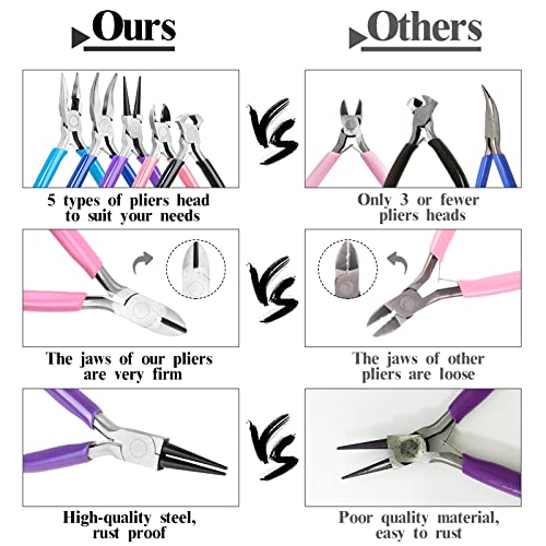 5 Packs Jewelry Pliers Set, Jewelry Making Tools with Needle Nose Pliers/Round Nose Pliers/Chain Nose Pliers/Bent Nose Pliers/Zipper Pliers, Jewelry Making Supplies Repair/Cut Kits for Crafting