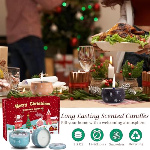 Christmas Scented Candles Gifts for Women, 6 Pack Scented Candles Gift Set, Natural Soy Wax Xmas Aromatherapy Scented Candles, Tin Jar Candles for Stress Relief
