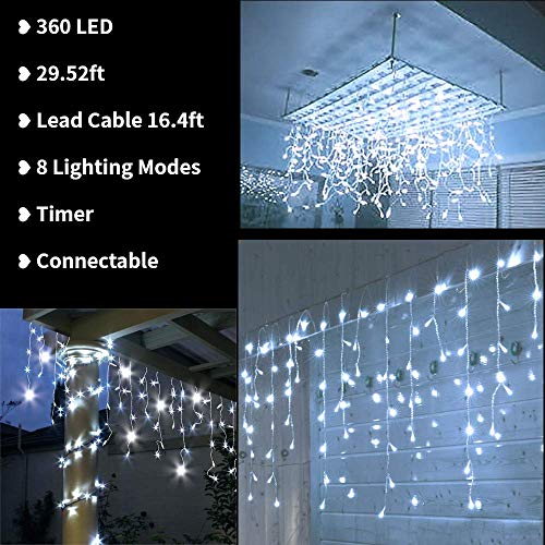 Toodour Christmas Icicle Lights Outdoor, 360 LED 29.5ft 8 Modes Fairy Icicle String Lights with 60 Drops, Led Christmas Twinkle Lights for Holiday, Party, Wedding, Eaves, Christmas Decorations (White)