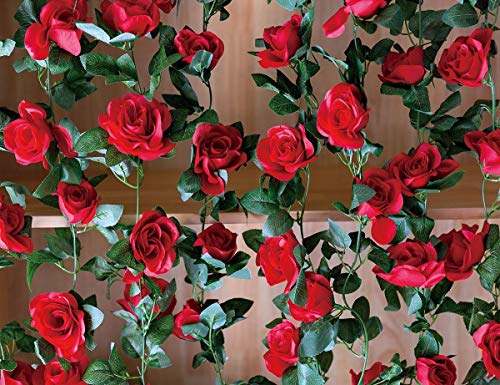 SWSTINLING 2 Pack (16FT) Artificial Rose Vine Flowers Plants Fake Flower Vine for Wedding Home Party Garden Craft Art Decor Red