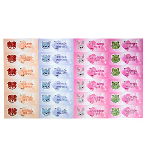 Valentines Day Cards for Kids Classroom -Pet Buddies Diamond Painting Kits (24ct)-Perfect Valentines Day Gifts for Kids School Exchange w Boys & Girls-Each Includes Animal Gem Craft Activity & Sticker