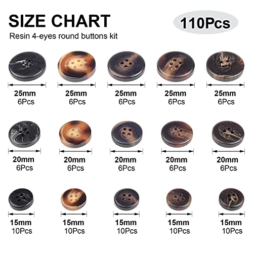 OELFFOW 110Pcs Mixed Sewing Buttons, 4-Hole Craft Round Blazer Buttons, 5 Color 3 Size(15mm,20mm,25mm) Suit Coats Resin Button, Suitable for Variety Clothing Sewing, DIY Craft(Brown)