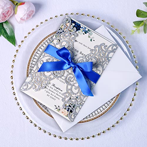 ponatia 20 PCS 5 x 7'' Silver Giltter Laser Cut Wedding Invitations with Envelopes for Wedding Party Bridal Shower Engagement Birthday Sweet 16 Invite - Silver Glitter with Royal Blue Ribbons