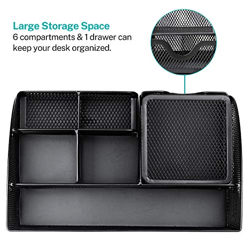 MaxGear Mesh Office Desktop Organizer with Drawer, Metal Stationary Black Desk Caddy, 6 Compartments, 8.7 x 5.5 x 5 inch, 1 Pack