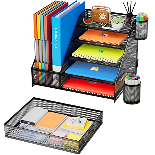 Marbrasse Desk Organizer with File Holder, 5-Tier Paper Letter Tray Organizer with Drawer and 2 Pen Holder, Mesh Desk Organizers and Accessories, Desktop Organizer and Storage for Office Supplies