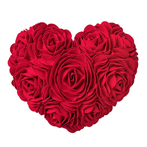 JWH 3D Flower Throw Pillow Cover Aesthetic Decorative Valentines Day Accent Pillow Case Heart Shaped Cushion Handmade Pillowcase for Girls Bed Bedroom Couch Gift 14x16 Inch Red