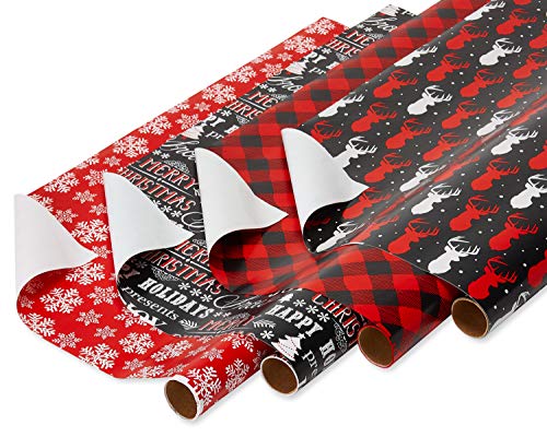 American Greetings 120 sq. ft. Red and Black Christmas Wrapping Paper Set with Cut Lines (4 rolls 30 in. x 12 ft., 7 Bows, 30 Gift Tags), Christmas Text, Plaid, Reindeer and Snowflakes