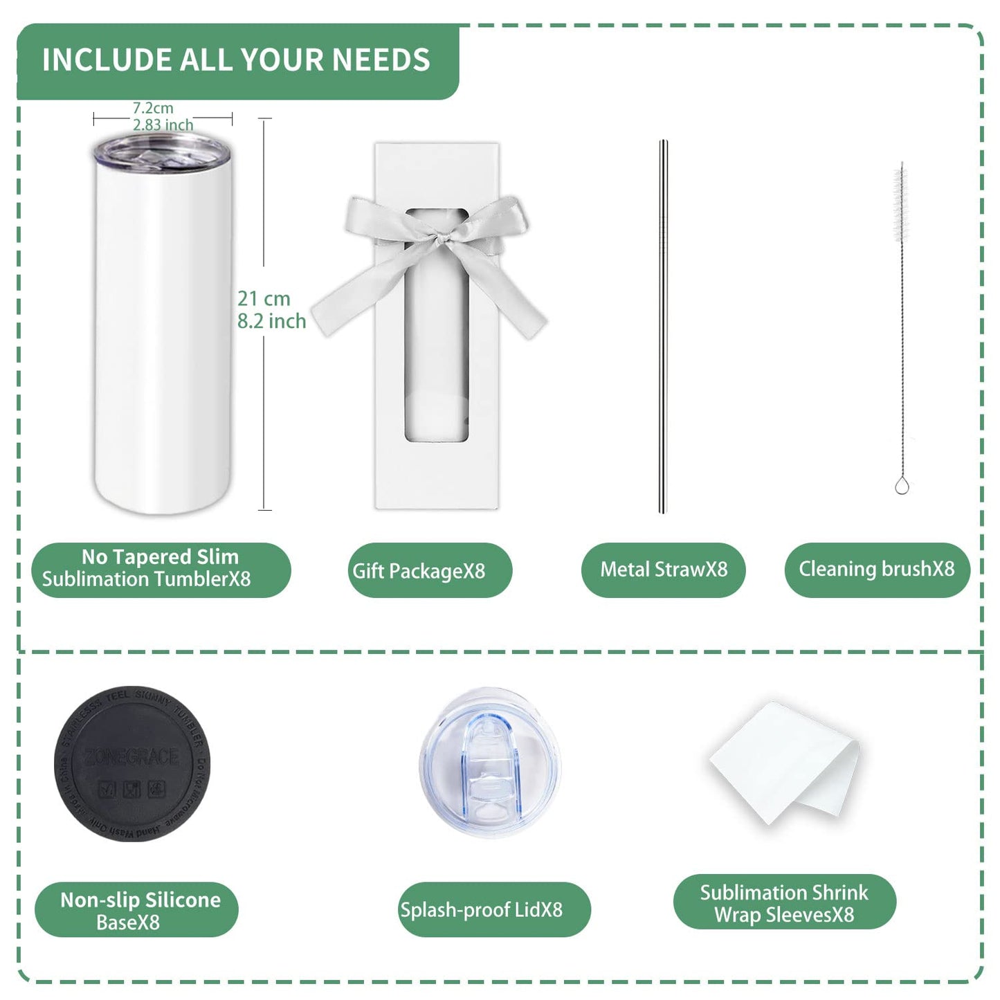 8 Pack Straight Sublimation Tumblers bulk 20 oz Skinny,Stainless Steel Double Wall Insulated Tumbler Cups Blank White with Lid, Straw, Individually Boxed,Polymer Coating for Heat Transfer