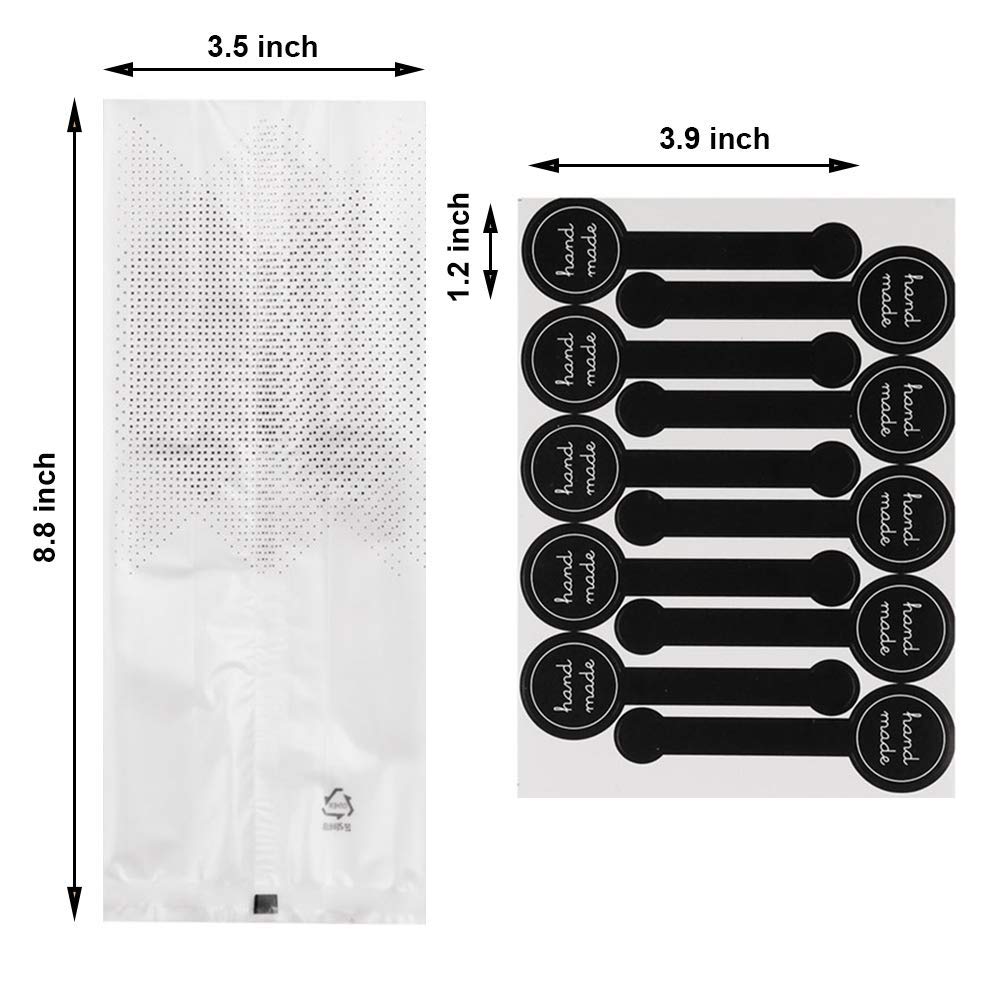 Cookie Bags for Packaging, Searik Translucent Plastic Cellophane Pastry Treat Bags for Party Gift Giving Bakery Bread Candy Chocolate Wrapping Goods with Stickers and Ribbon (3.5 x 8.8 Inches, 80 Pcs)