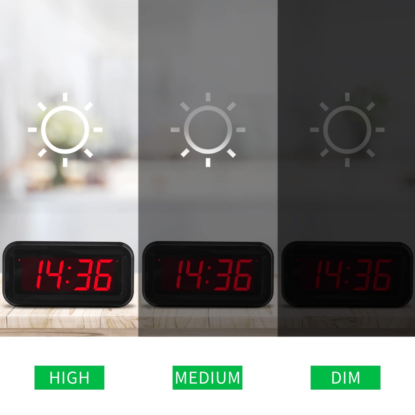Alarm Clock, Digital Clock, Small Wall Clock, Battery Operated, Adjustable 3-Level Led Brightness, Dim Night Mode, 12/24Hr, Cordless, Constantly 1.2'' Digits Display for Bedroom/Travel, Easy to Set