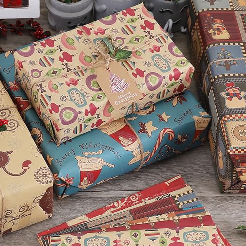 SmoTecQ Christmas Gift Wrapping Paper, Made from Recycled Kraft Paper, 10 Pack 70X50CM Folded Sheets with 10 Gift Tags