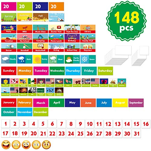 Calendar and Weather Pocket Chart with 148 Cards,(108 Illustrated Activity Cards, 40 Dry Erasable Flash Cards and 3 Hooks 28"x35.5")
