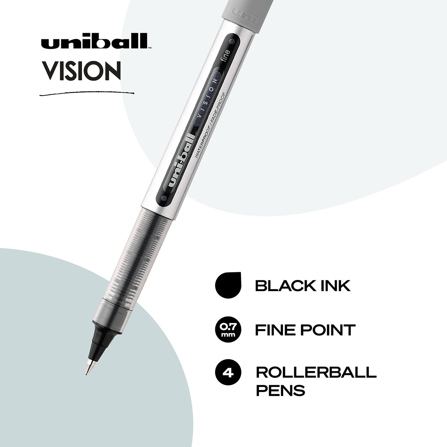 Uniball Vision Rollerball Black Pens Pack of 4, Fine Point Pens with 0.7mm Medium Black Ink, Ink Black Pen, Smooth Writing Bulk Pens, and Office Supplies