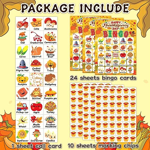 24 Players Thanksgiving Bingo Cards, Thanksgiving Bingo Game for Kids with Punny Stickers Fall Festival Bingo Sets Classroom Family Party Game Holiday Activities