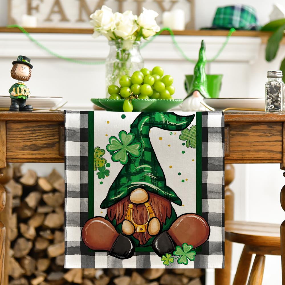 Artoid Mode Buffalo Plaid Shamrock Gnome St. Patrick's Day Table Runner, Seasonal Spring Holiday Kitchen Dining Table Decoration for Indoor Outdoor Home Party Decor 13 x 72 Inch