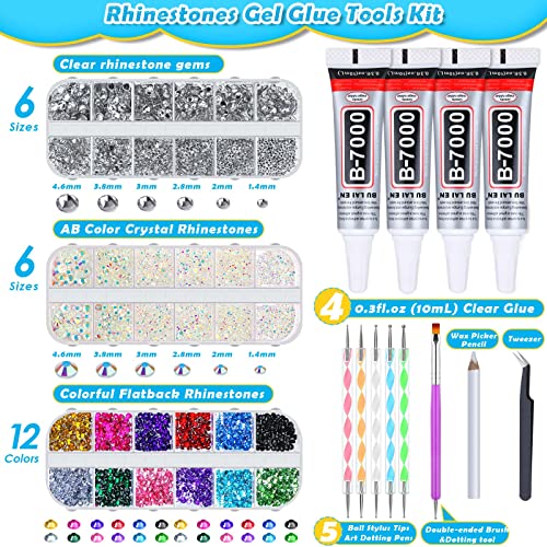 shynek B7000 Jewelry Glue with Rhinestones for Crafts, 4500Pcs Rhinestones with Gems Adhesive for Shoes Cloth Fabric with Picker Pencil for Crafting Diamond Painting Graduation Cap Decorations