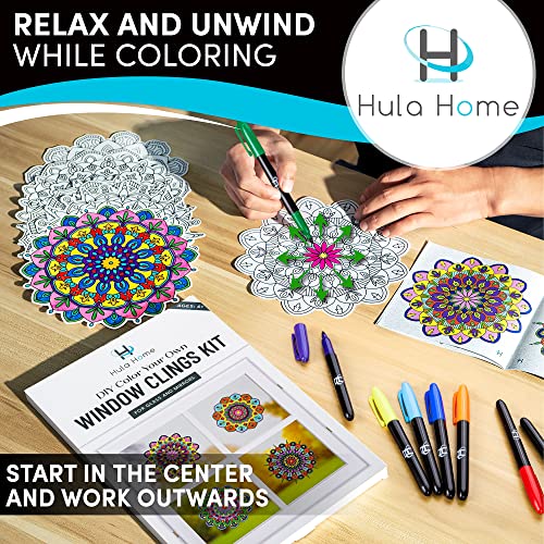 Hula Home Stained Glass Mandala Art Kit - DIY Window Clings with Markers, 10 Suncatchers - Perfect Hobby for Adults, Kids, Teens & Seniors - Ideal Gift for Beginners, Women & Elderly