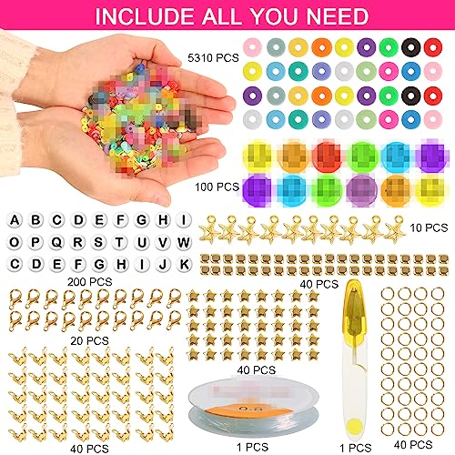 UHIBROS 5800 Pcs Clay Beads for Bracelet Making Kit, Jewelry Making Kit for Girls 16 Color Polymer Heishi Beads Bracelets Making Kit Gifts for Girls with Letter Beads