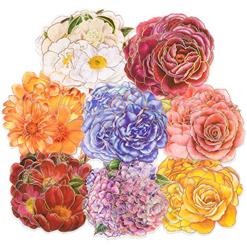 Knaid 80 Pieces Large Size Flower Stickers with Gold Holographic Outlines, Glitter Shiny Floral Waterproof Decorative Decals for Scrapbooking Supplies Junk Journal Bullet Journals Planners