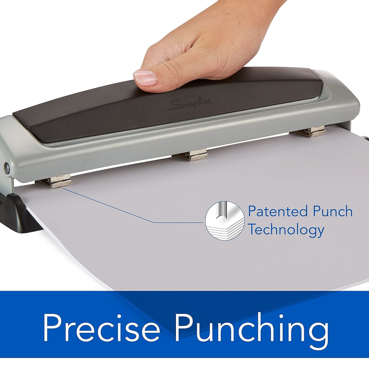 Swingline 3 Hole Punch, 2- 3 Hole Adjustable Desktop Puncher, 10 Sheet Punch Capacity, Precision Pro, Black/Silver (74037)