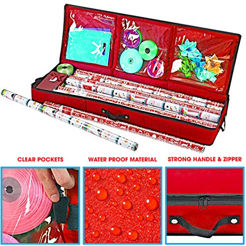 Primode Wrapping Paper Storage Container | Gift Wrap Organizer Under Bed | 41”x14”x6” | Fits 18-24 Rolls Up to 40” | Durable 600D Oxford Material | Box Holder with Pockets for Ribbon, Bows and Accessories (Red)