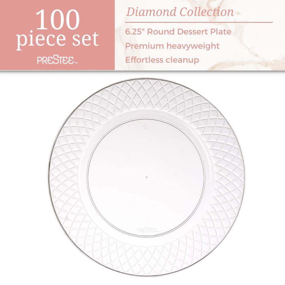 Prestee 100 Clear Plastic Plates, 6.25" Clear Plastic Dessert Plates, Round Party Appetizer Plates Disposable, Small Plastic Plates, Clear Plates for Party, Small Cake Plates for Weddings & Holidays